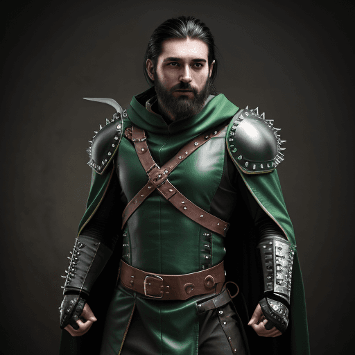AI generated: Hyper realistic, d&d fantasy male rogue, wearing studded leather armor, with two daggers in hands, b...