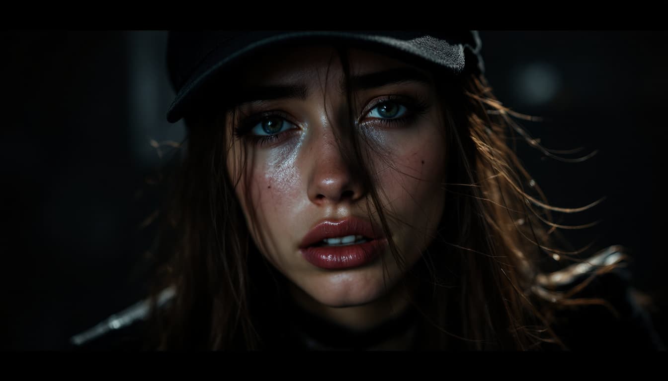 AI generated: photograph, full-body shot, young woman model, crying, heavy metal, street fashion style, black cap,...