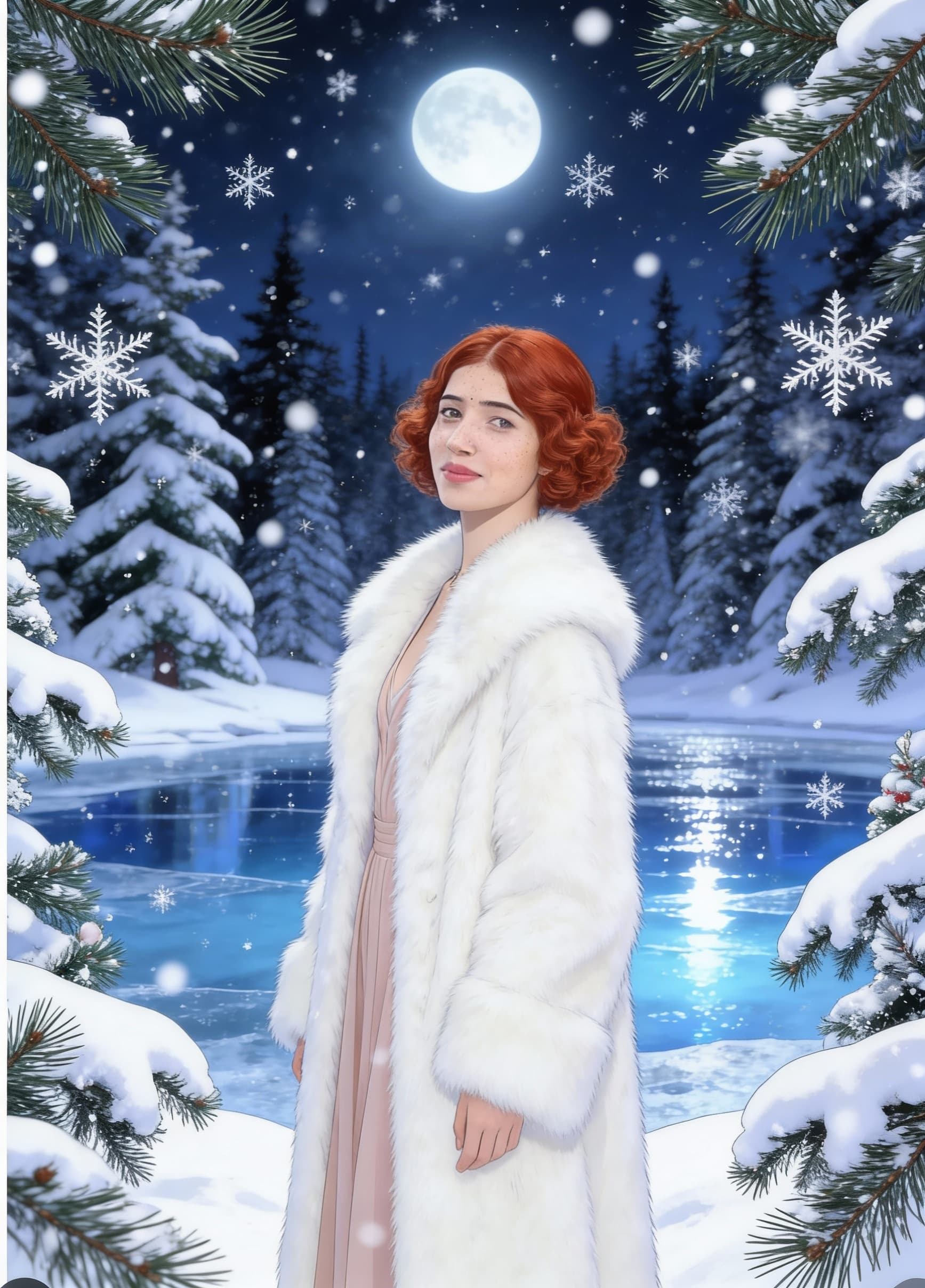 AI generated: A red-haired young female stands at the heart of a snow-draped Christmas forest, her tight copper cu...