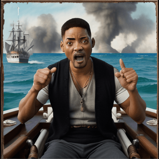 AI generated: FOCUS: angry gesticulating Will Smith | SETTING: aboard a pirate ship on the high seas | COLOUR: por...