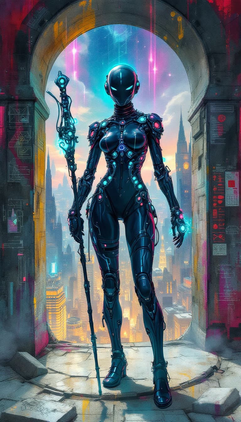 AI generated: Conceptual design: Cybernetic Void Walker from the Shadow Corps. This mysterious graffiti-punk digit...