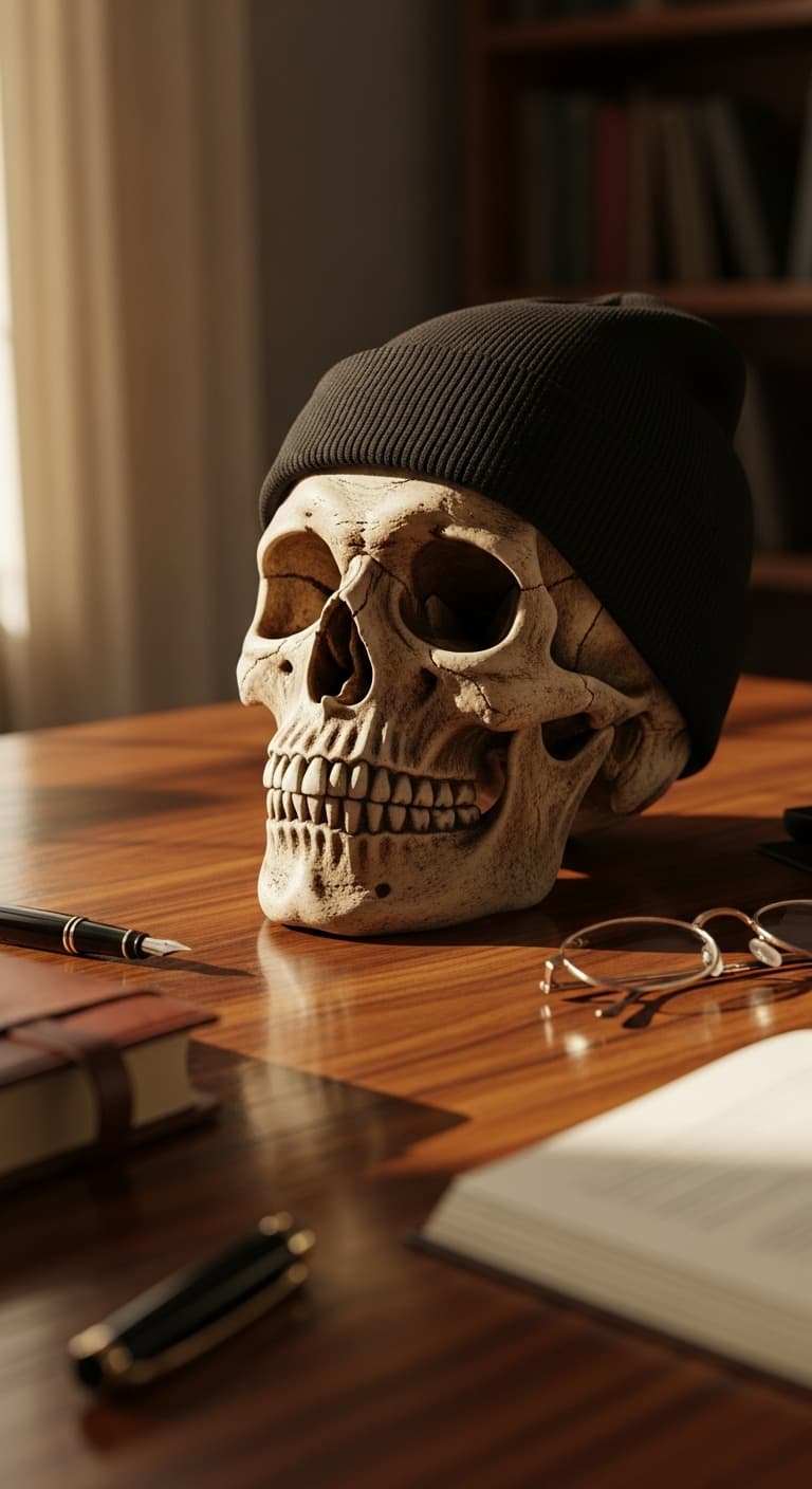 AI generated: a skull with a black beanie as decoration for a desk 