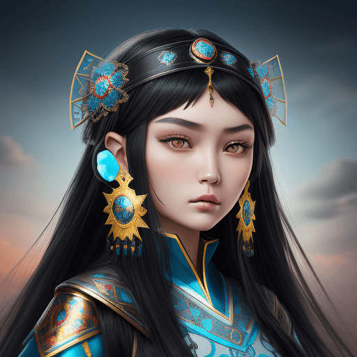 AI generated: kazakh beauty girl. black long hair. traditional clothes. line eyes. Turkish style. reflection flowe...