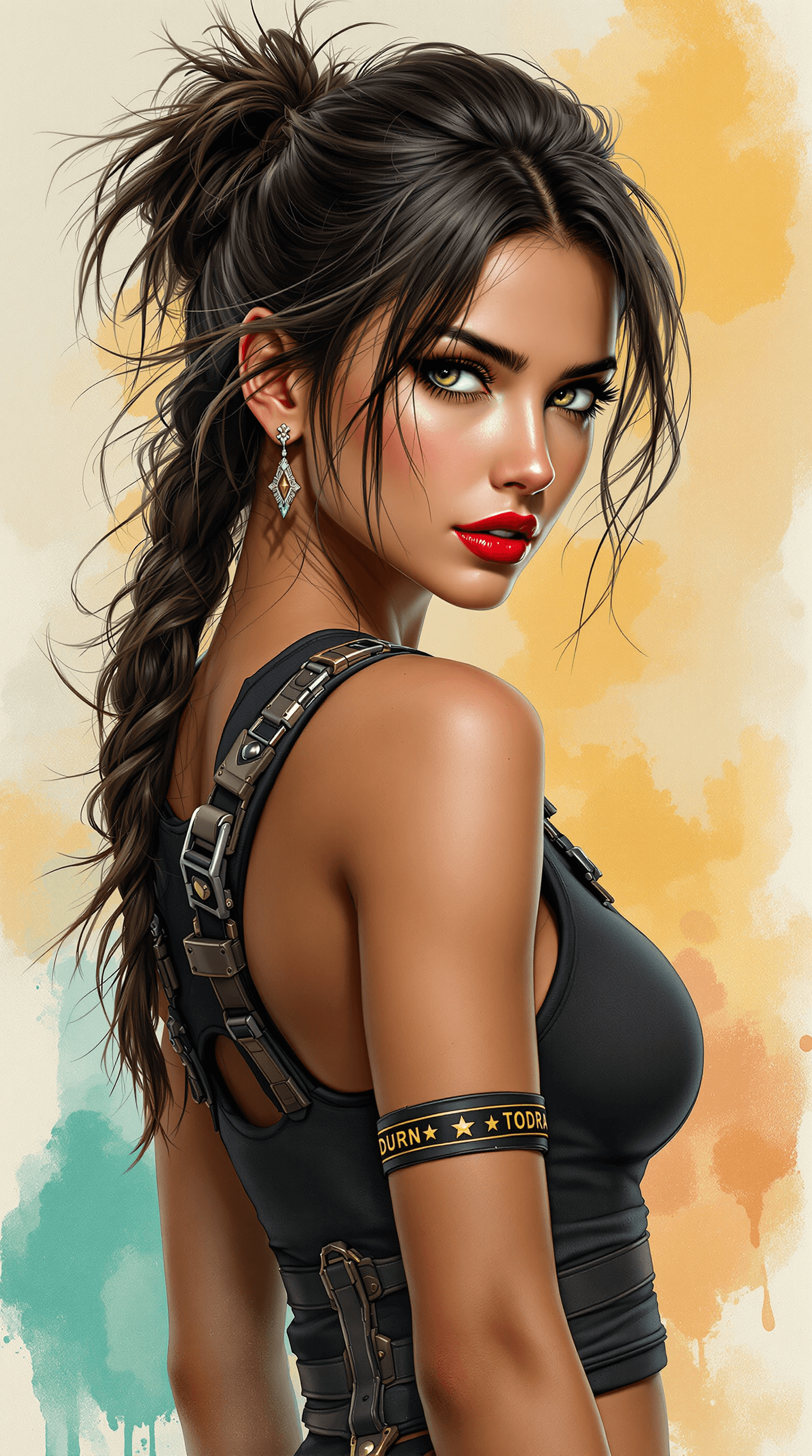 AI generated: A highly detailed, semi-realistic digital portrait of a fierce and beautiful young woman with tousle...