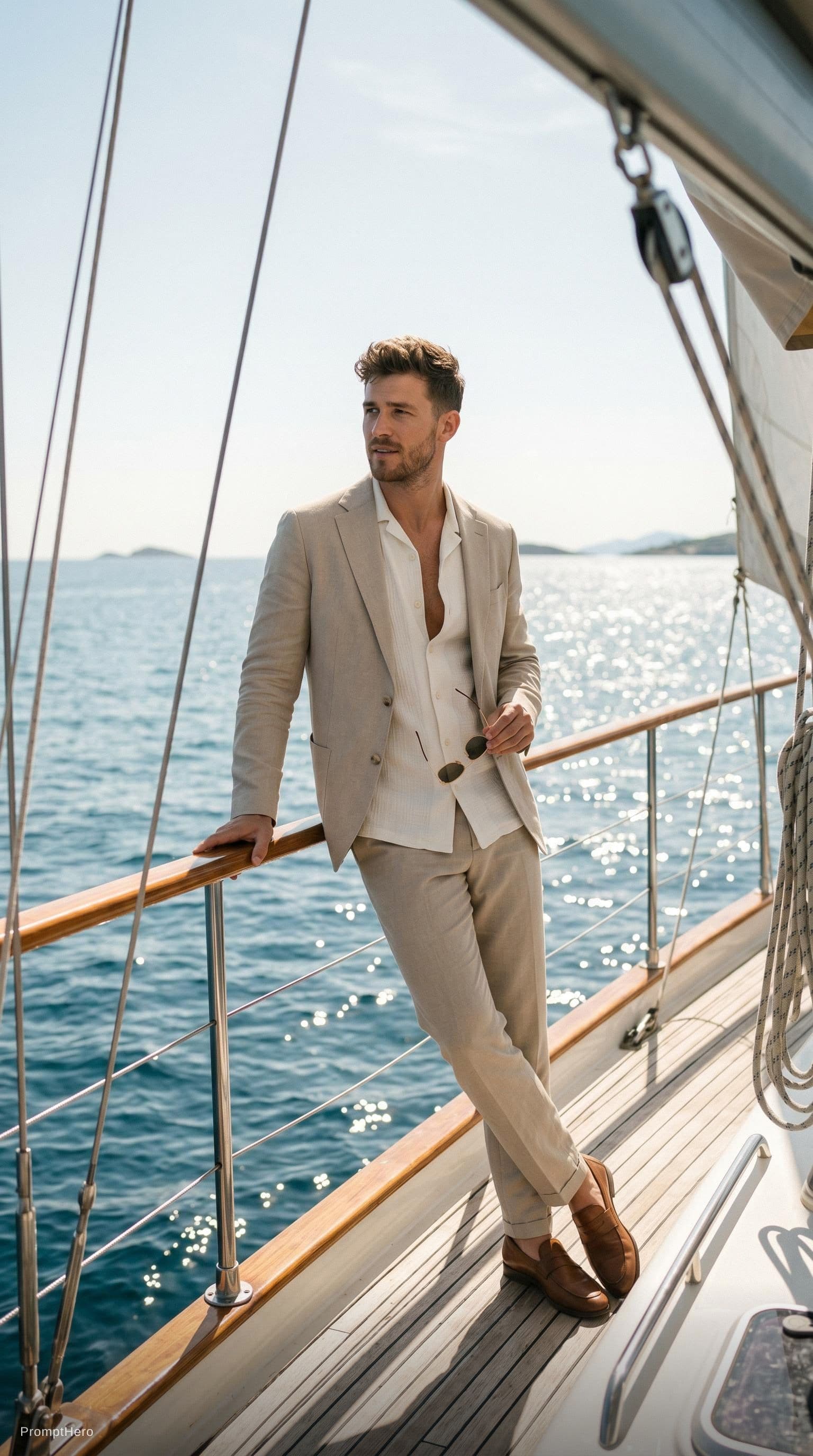 AI generated: Create a high-end fashion image of a male model wearing a tailored summer suit with an open shirt. P...