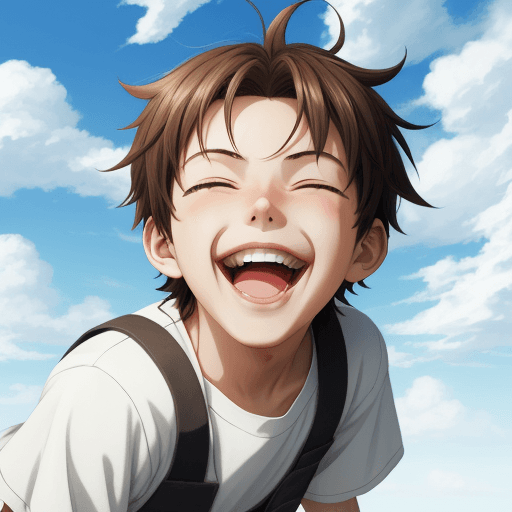 AI generated: boy laughing, happy, eyes closed, background sky, clouds, anime style, high detail