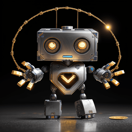 AI generated: A robot with a coin or token in place of a heart inside its metallic chest, standing in front of a b...