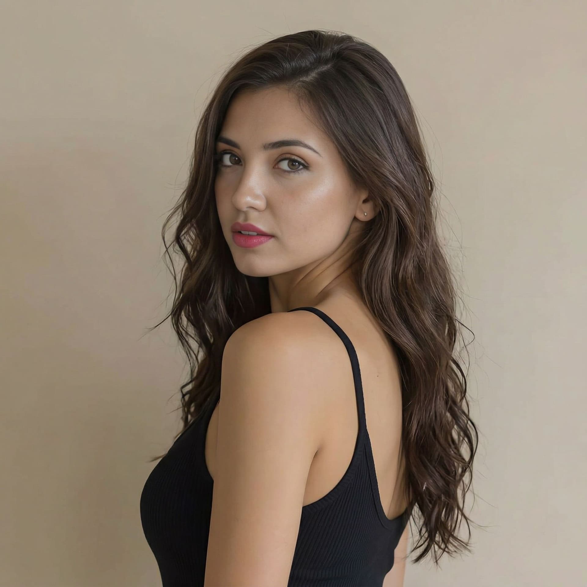 AI generated: The photograph features a young woman with medium length brown hair with highlights and tanned skin....