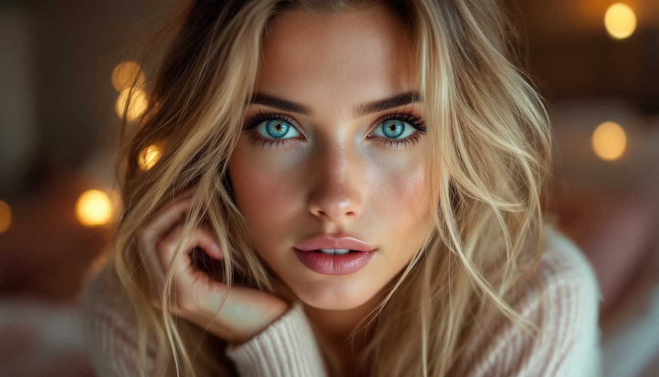 AI generated: sexy woman ,far front view, blue eyes,minimum lights,wearing tight pijamas
