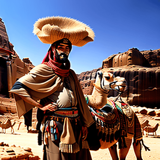 AI generated: a good looking Bedouin standing in front of Petra in Jordan with proud and honor next to a camel and...