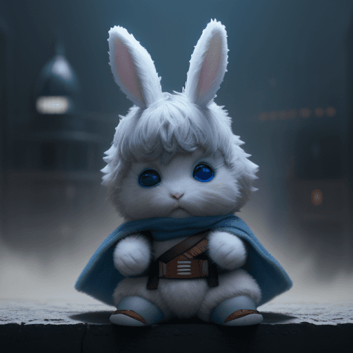 AI generated: cut little fluffy Bunny cub dressed up as luke skywalker, blue eyes, investigating a crime, pixar-st...