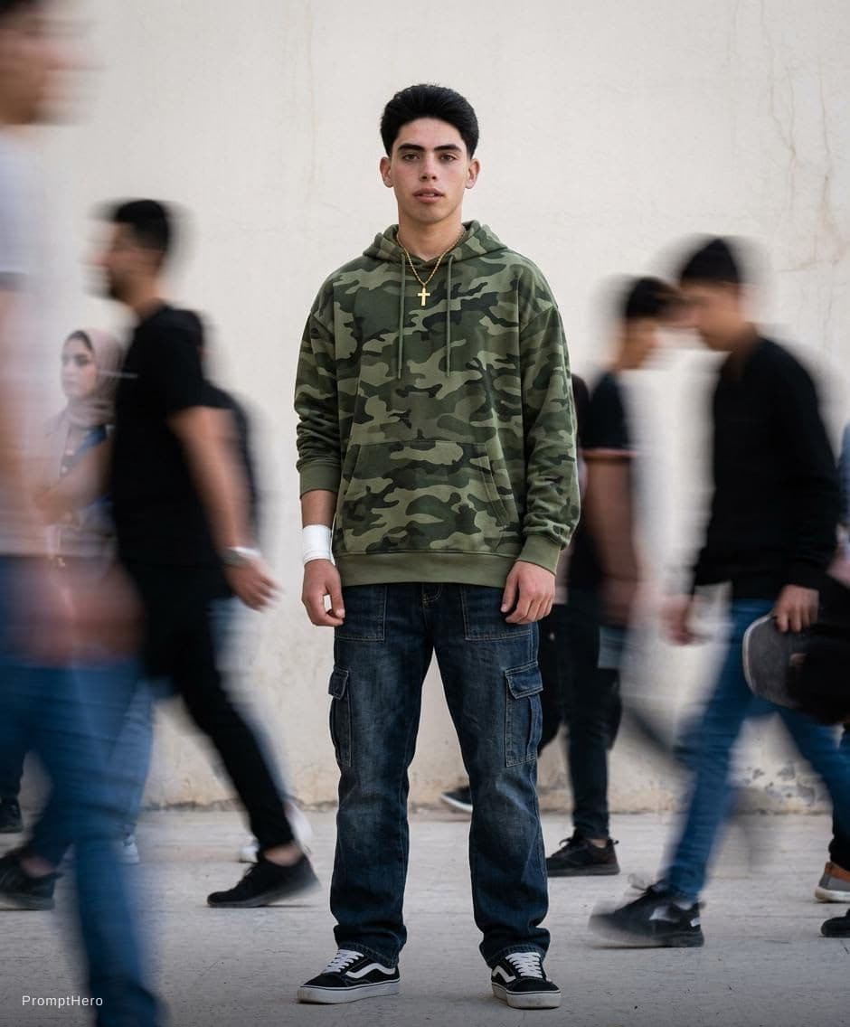 AI generated: photography, snap shot, male model, front pose, full-body, surrounded by a blurred motion, wearing c...