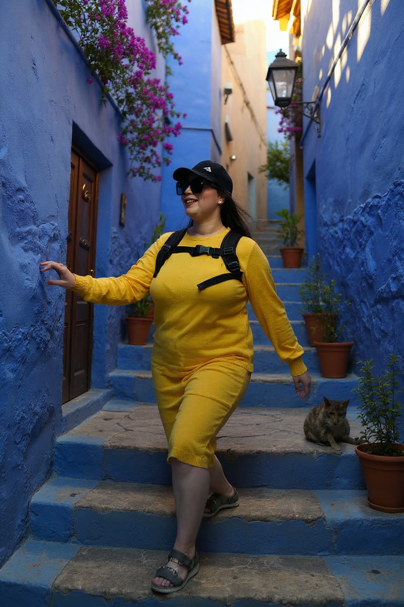 AI generated: Edit this image to place a woman in the iconic blue-painted streets of Chefchaouen, Morocco. Positio...