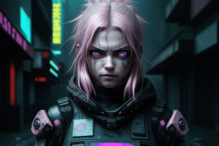 AI generated: (girl), (cyberpunk), technology, dark ambiance, furious, clear eyes, disheveled, angry, gorgeous, cr...