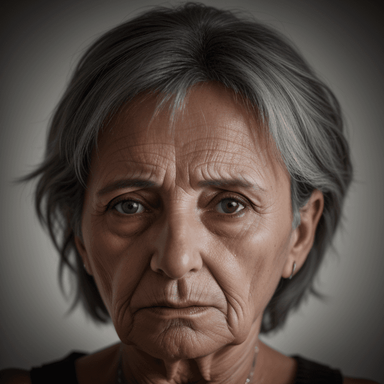AI generated: hyper realistic headshot photo of a 60 year old italian  woman, she has a depressed look, looking in...