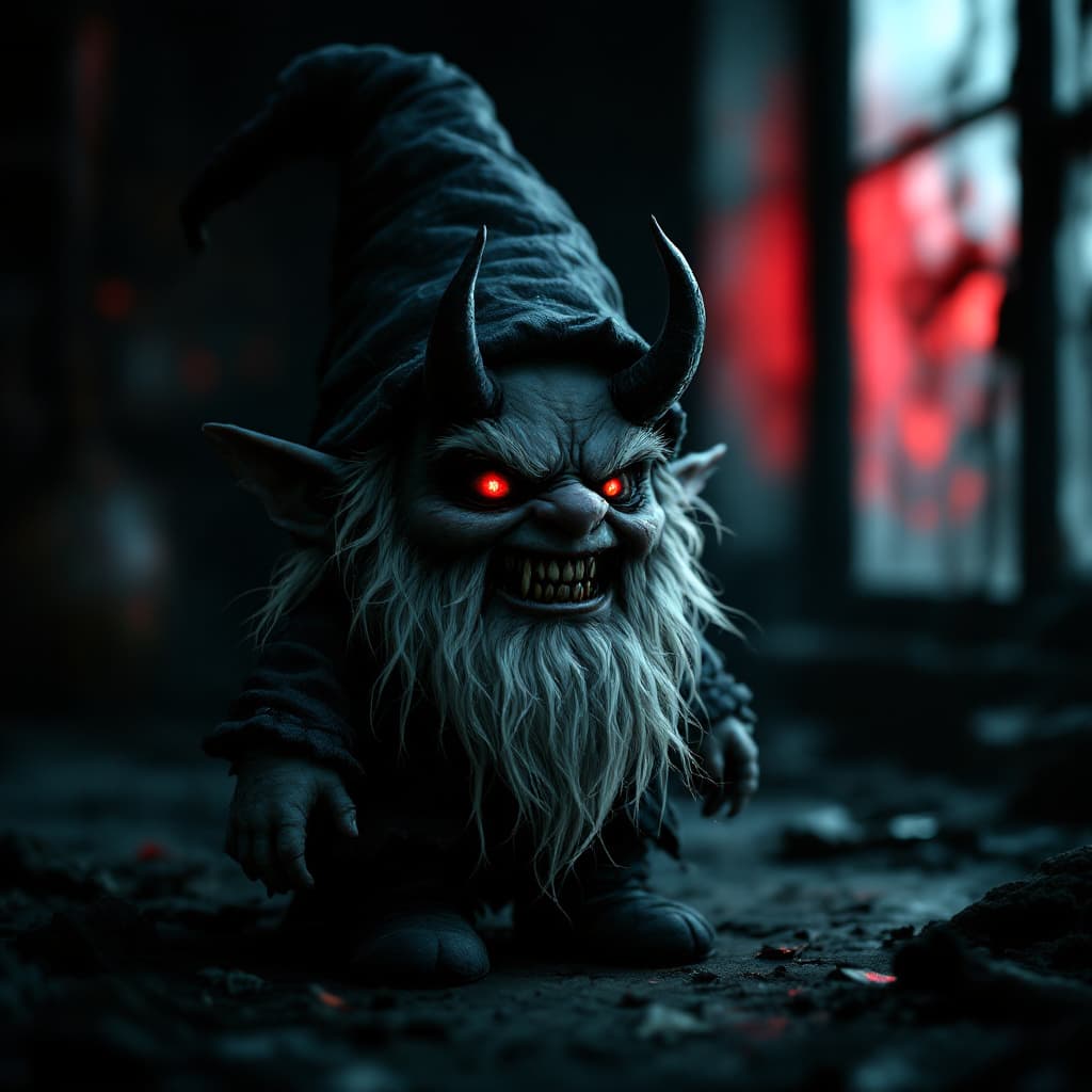 AI generated: a little gnome with dark devil eyes and gorgeous teeth, in dark room with redlight in the window beh...