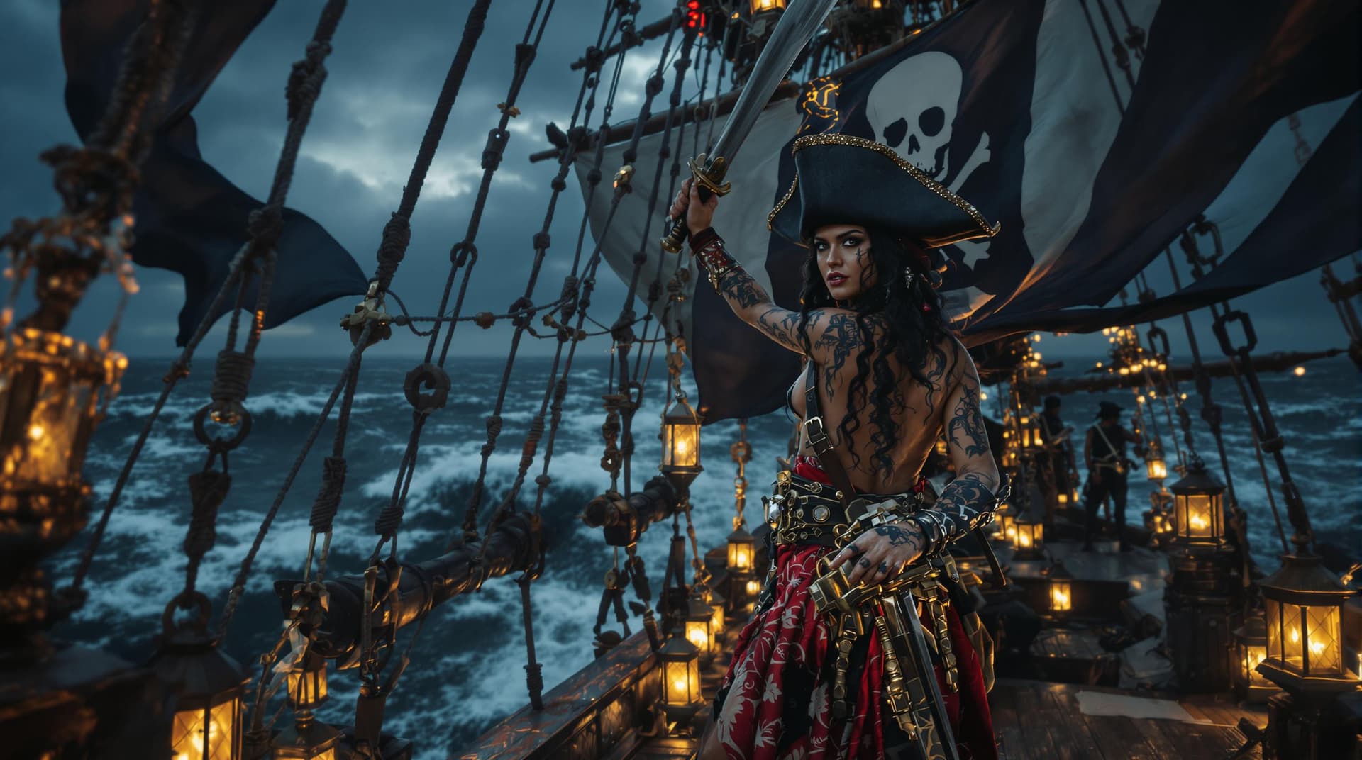 AI generated: a cinematic wide shot of A commanding Native Caribbean Female pirate captain standing tall holding a...