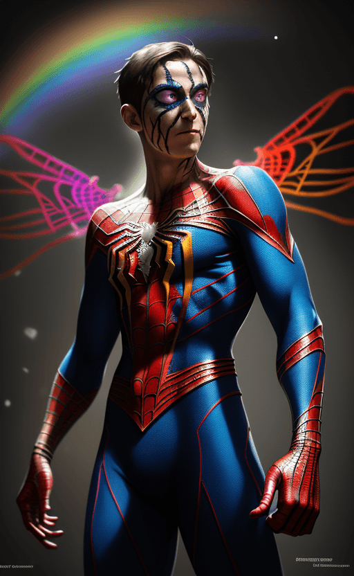 AI generated: (colorful bird posing real spiderman costume with extreme glowing rainbow colors:1. 8), (Sigma 85mm ...