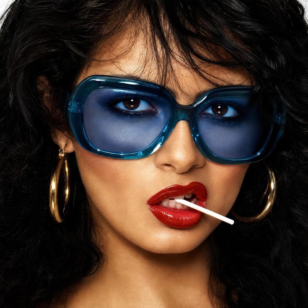 AI generated: { "subject": { "gender": "female","pose": "extreme close-up of face,lips parted biting lollipop stic...