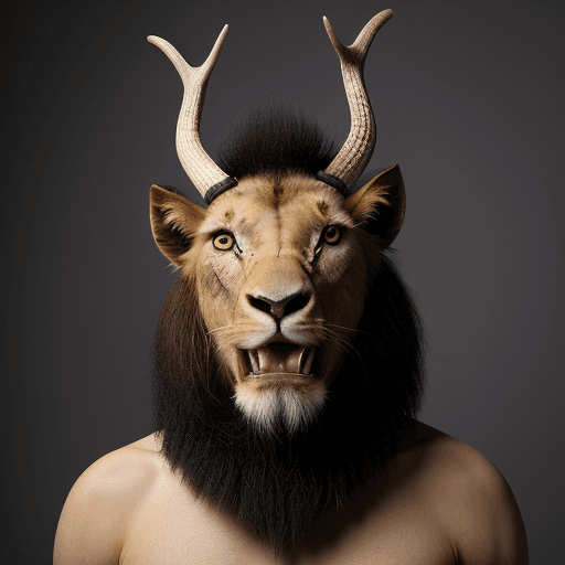 AI generated: His head is horse-like. He has a deer antler on the right, a blue goat horn on the left, one long fa...