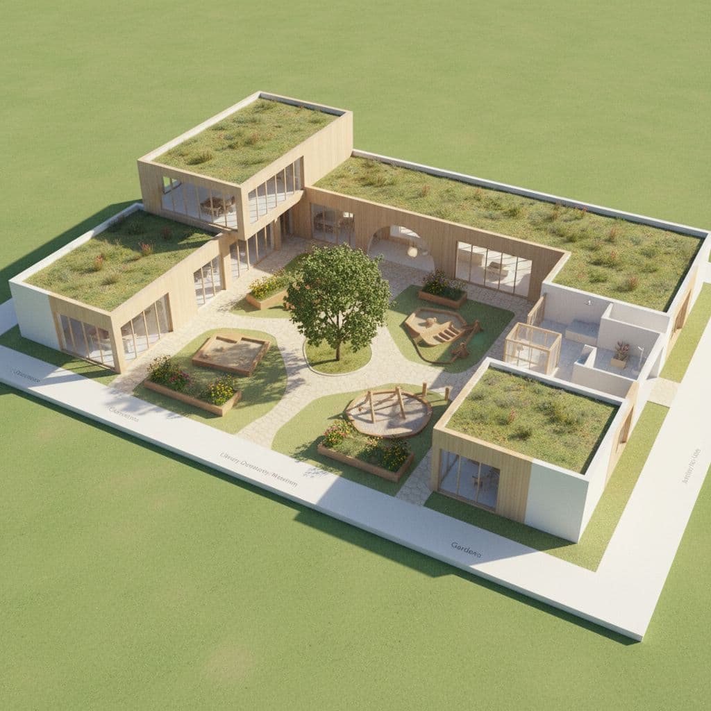 AI generated: A minimalist architectural model of a modern educational school complex designed according to Montes...