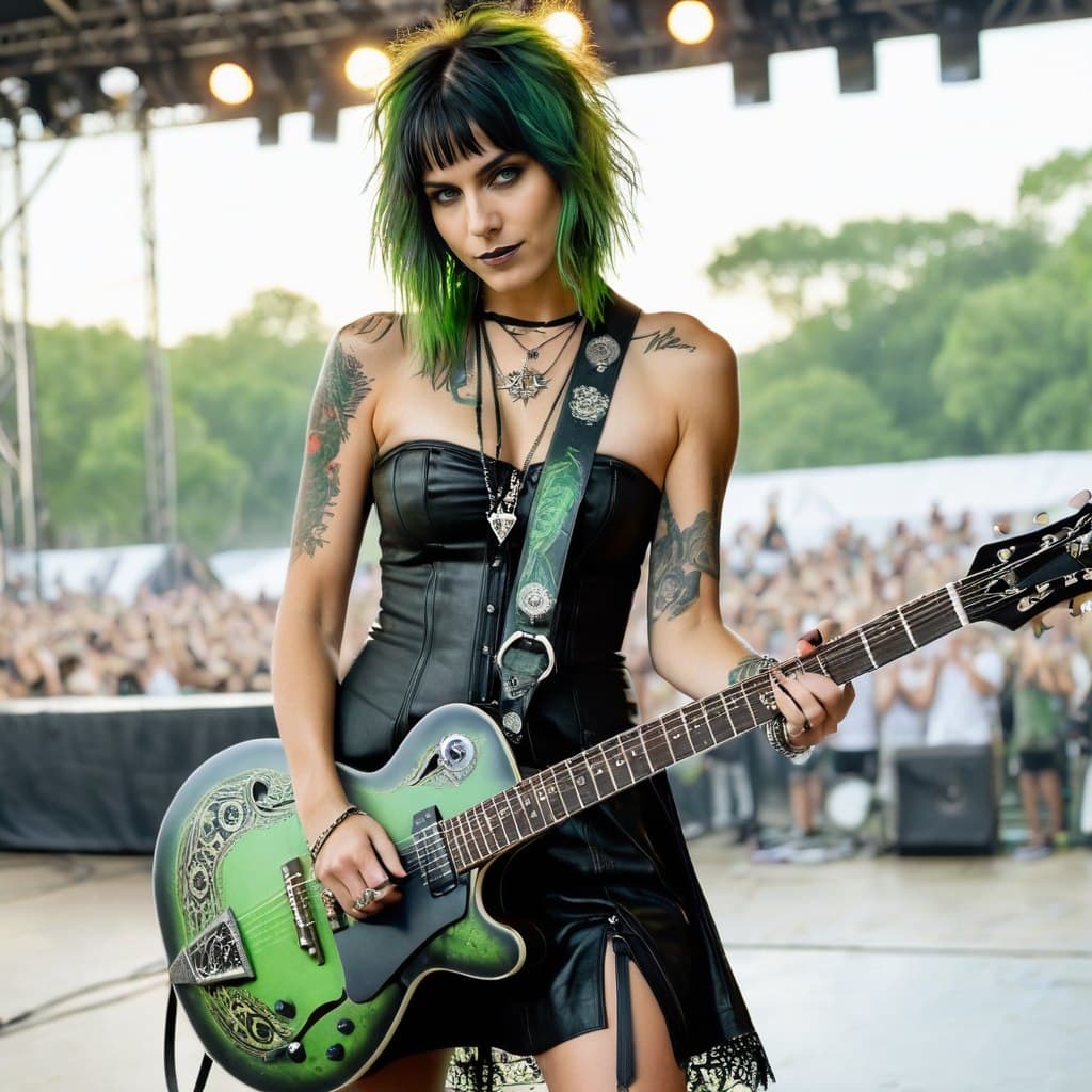 AI generated: epic realistic, full body, walking pose, slow motion, emo girl rocking a guitar, heavy tattoo girl w...