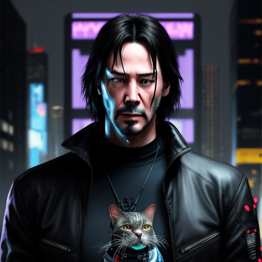 AI generated: sad keanu reeves with cyber cat(cyberpunk style) . hyper realistic 