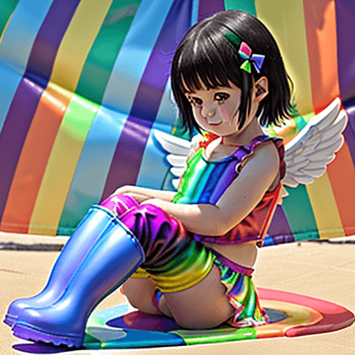 AI generated: Rainbow angel lolicon child with a very full belly sitting down in public in her rainbow-colored two...
