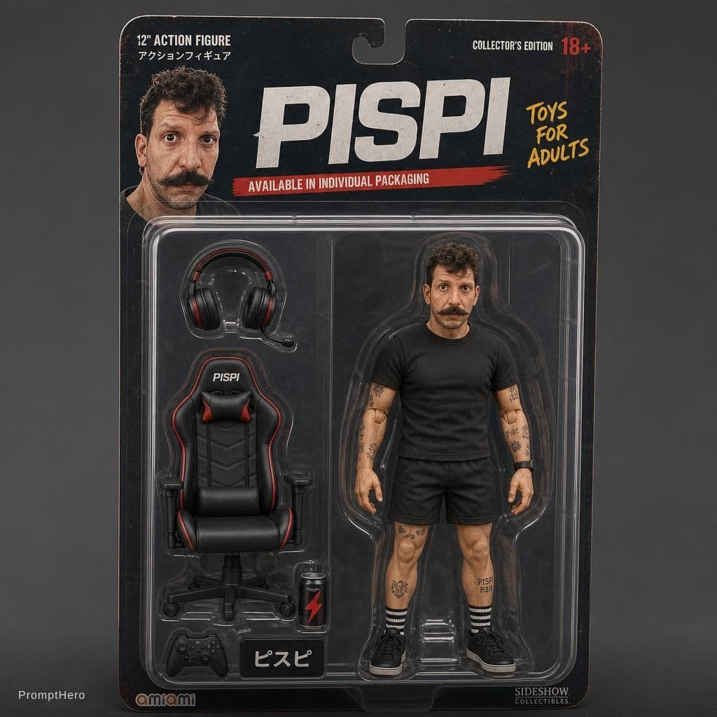 AI generated: a hanging card, Available in individual packaging, Toys for adults,a action figure of Pispi, as an a...