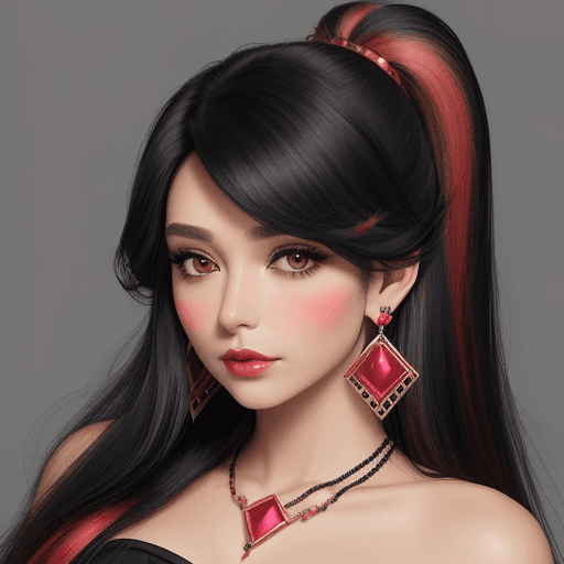 AI generated: solo, black hair, makeup, earrings,  blush, jewelry, long hair with red streaks
