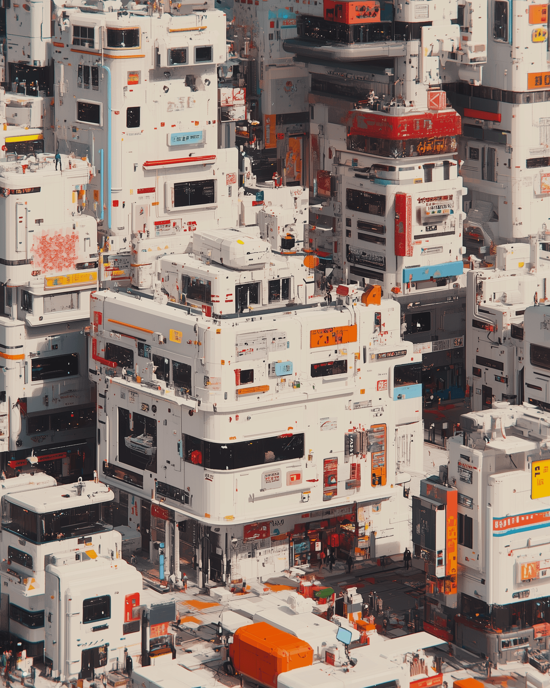 AI generated: detailed cyberpunk cityscape, multi-level urban structures and buildings, a white futuristic buildin...