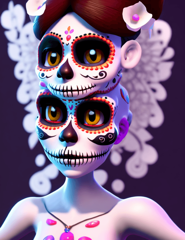 AI generated: hasdx style, glazed 3D render (extremely detailed CG), Día de los Muertos, pixar style, 3d style, di...