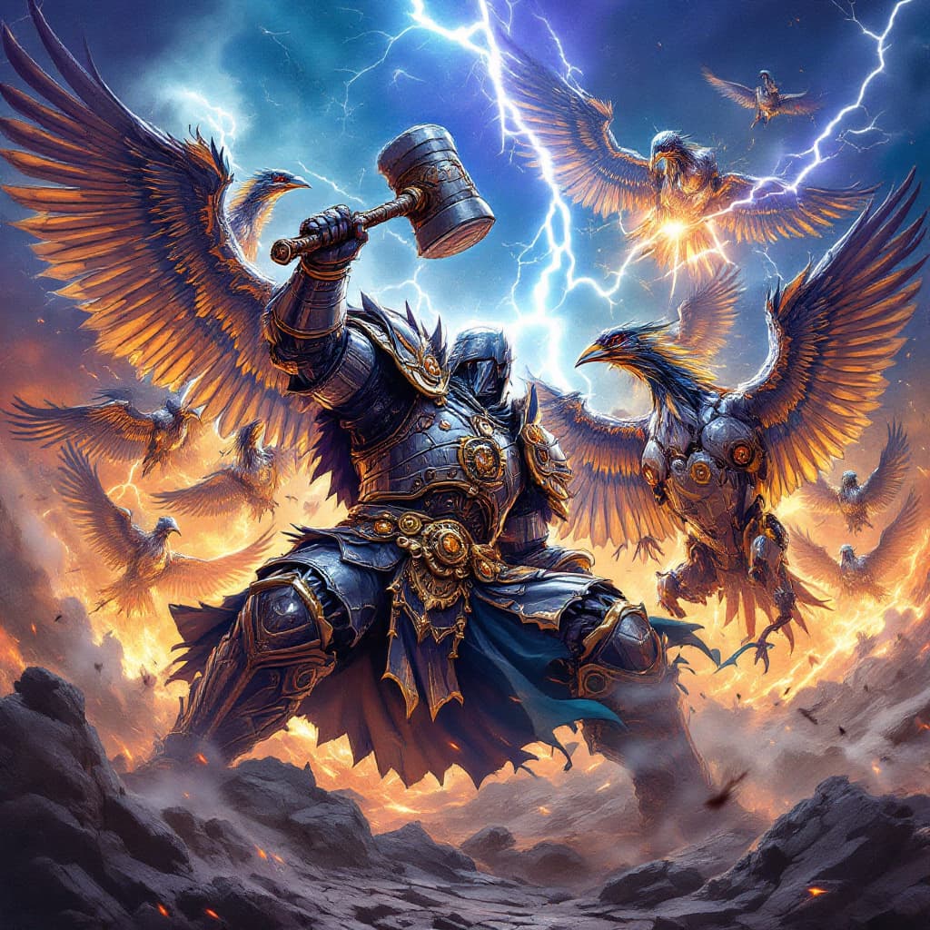 AI generated: vividly colored illustration of an intense battle scene featuring a massive armored warrior wielding...