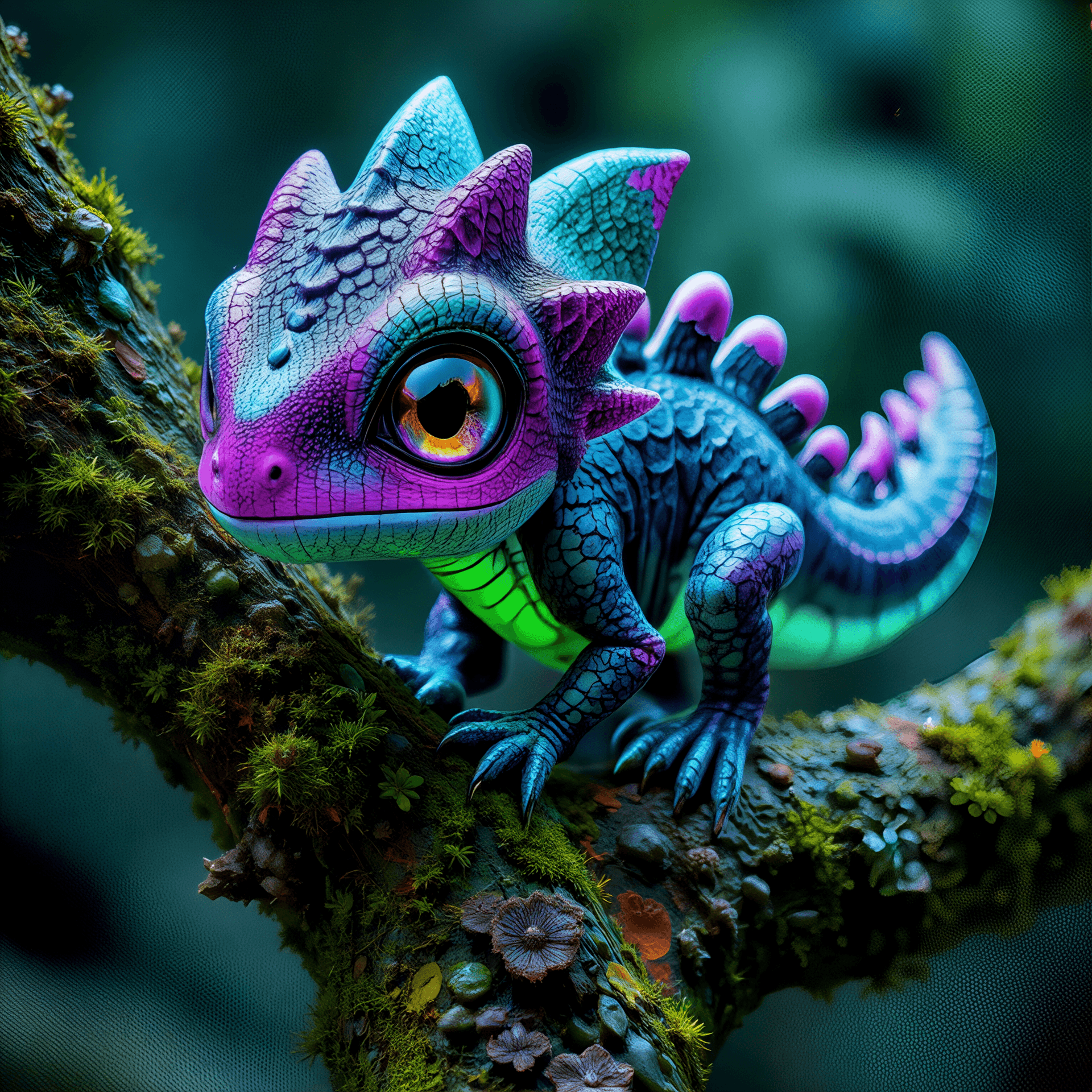 AI generated: A hyper-detailed, stylized fantasy creature resembling a tiny dragon-dinosaur hybrid, perched on a m...