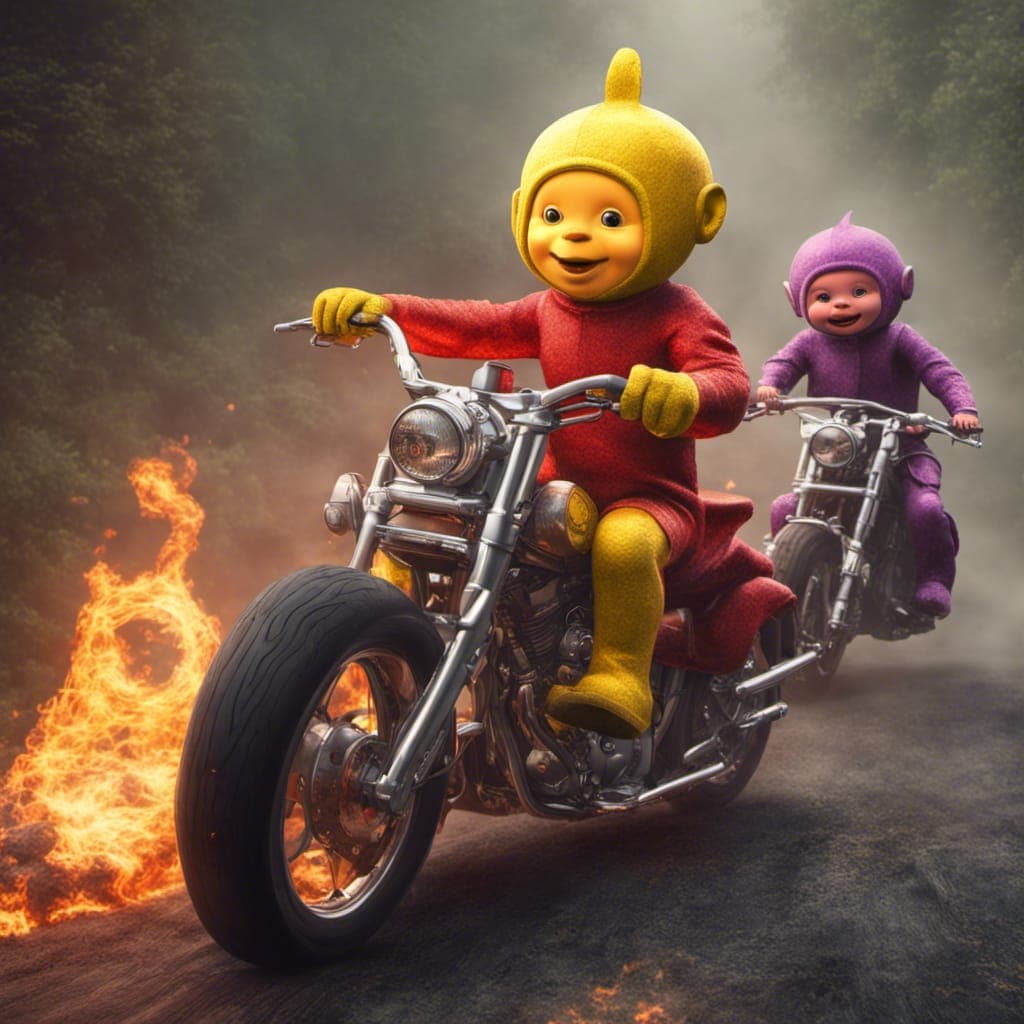 AI generated: The Teletubbies riding a hellcycle with flames and skulls, realistic, cinematic, 8k, (detailed stunn...