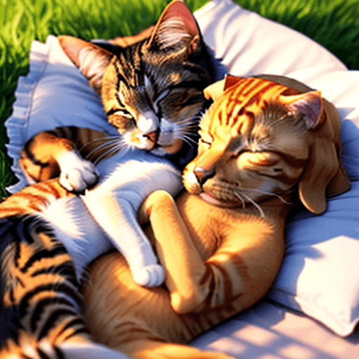 AI generated: cat and dog sleeping together in the sunshine. Style: Romantic 