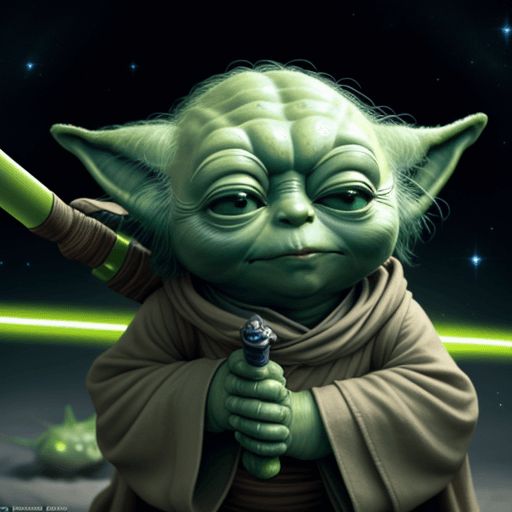 AI generated:  YODA in cosmos, 8k, light sword, happy YODA, friends YODA, anime