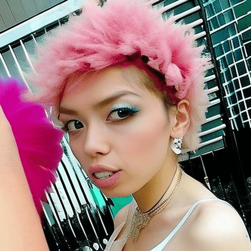 AI generated: Dos chicas gal estilo anime , chica gal Yamamba morena de pelo blanco y maquillaje exagerado y Chica...