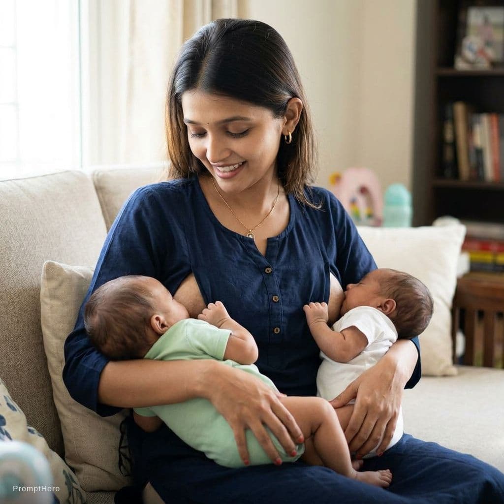 AI generated: woman who breast feeding childs by pulling both breast outside