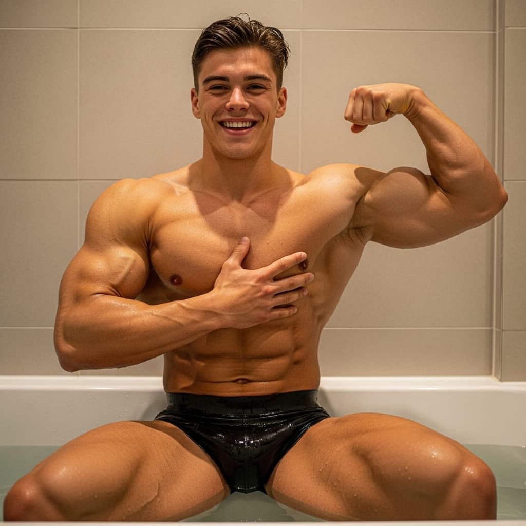 AI generated: muscular twink smiling while flexing huge muscles. black latex speedo, slim waist, large thighs. 18y...