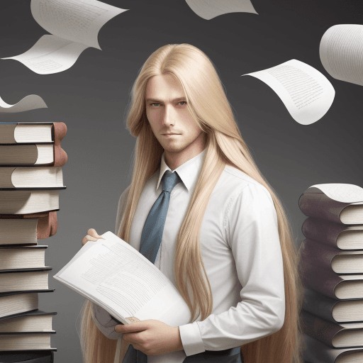 AI generated: an English teacher girl with long blond flowing hair stands with his arms crossed, textbooks and she...