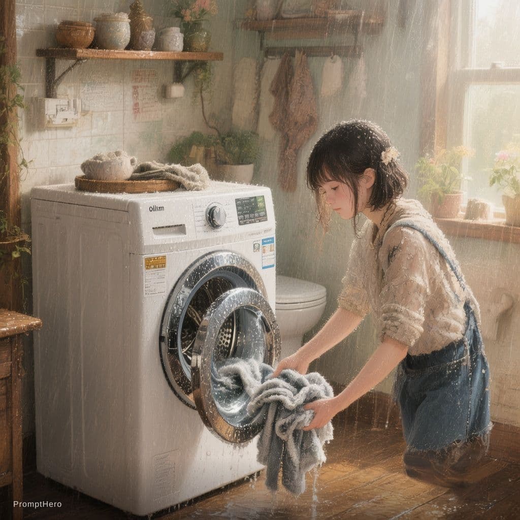 AI generated: Create one washroom where a washing machine and a girl are
 washing clothes in that washing machine 