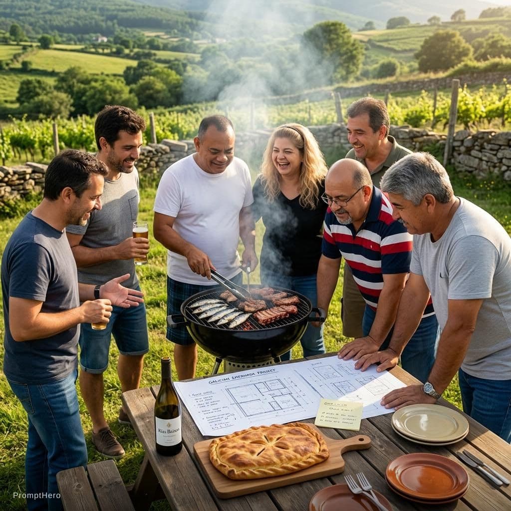 AI generated: group of 8 friends, use the faces of the pictures doing grill in the rural, planing next project abo...