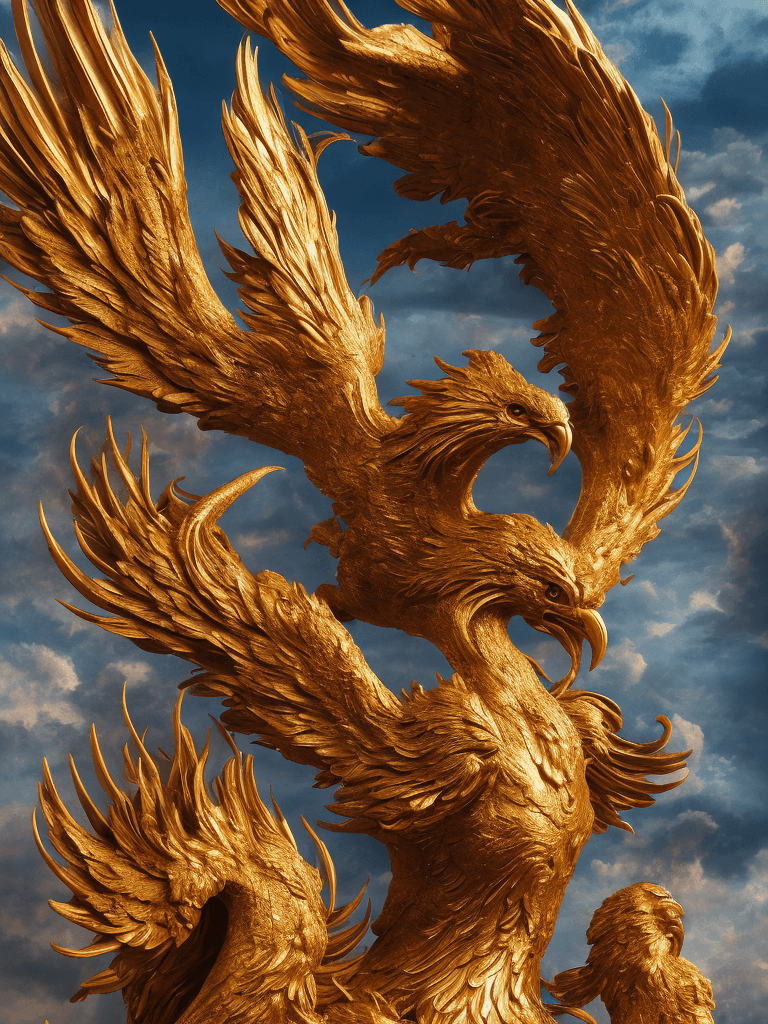 AI generated: A majestic phoenix with vibrant plumage, its fiery wings spread wide, golden feathers illuminating a...
