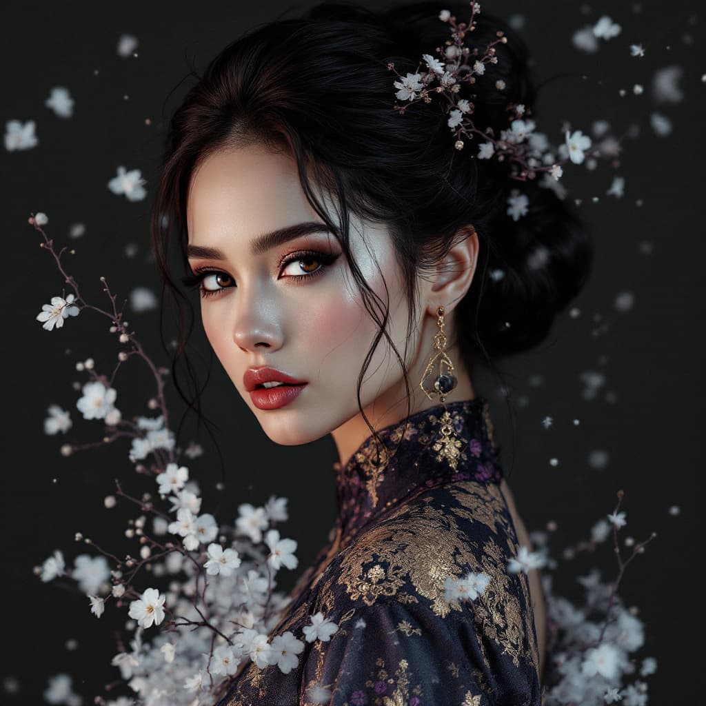 AI generated: Surreal, realistic illustration in traditional Chinese style ((wide shot ((full length)) on (dark gr...