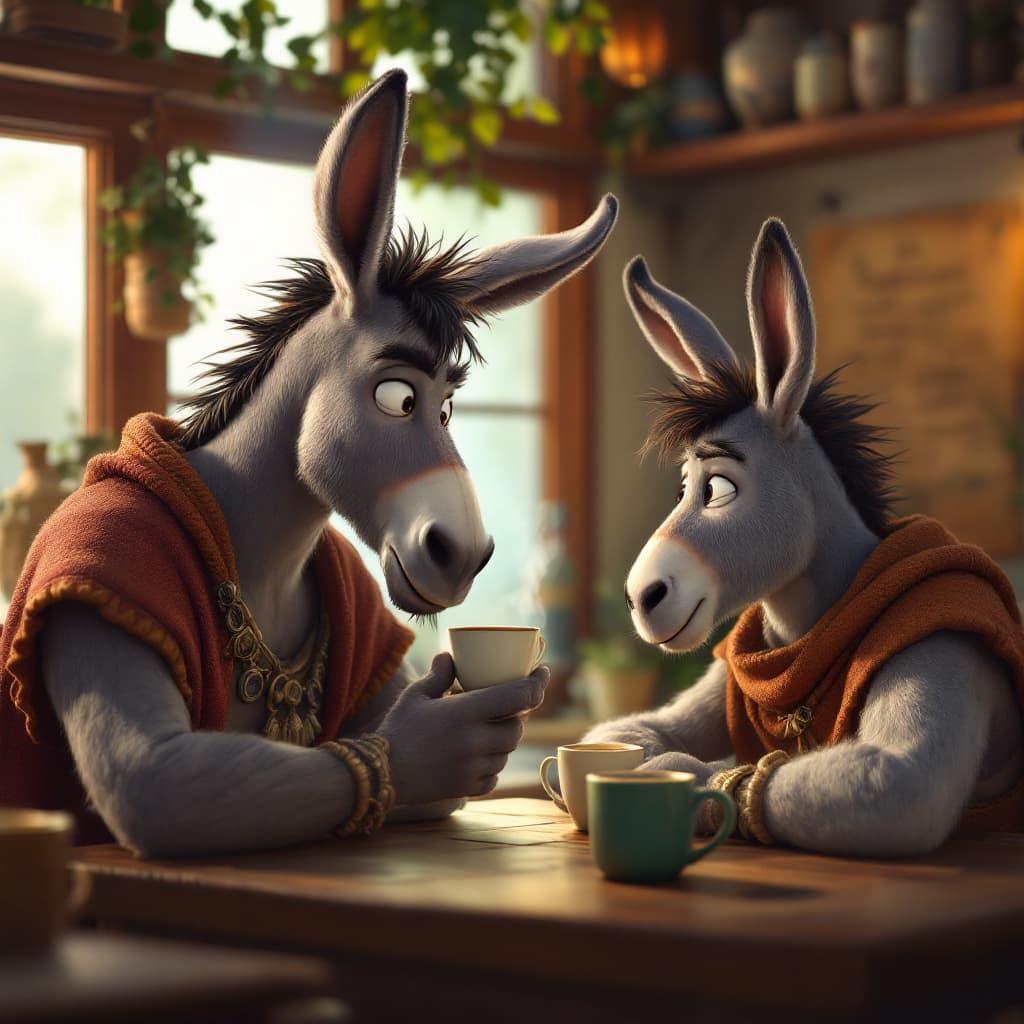 AI generated: Sherek and His Donkey drinking coffee in a coffee shop, animation, realistic

