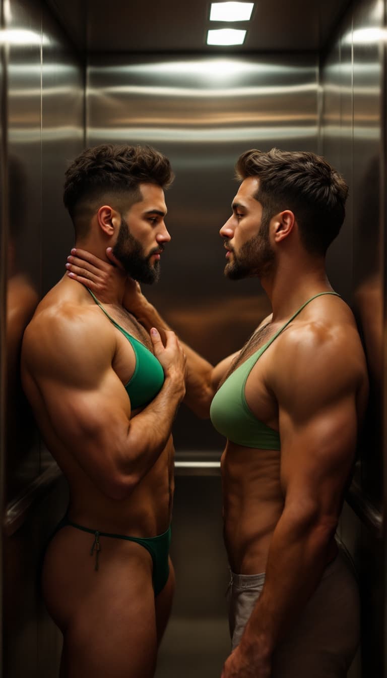 AI generated: a woman and a man meeting in an elevator, very close but shy. she with a bathing suit. and the one w...