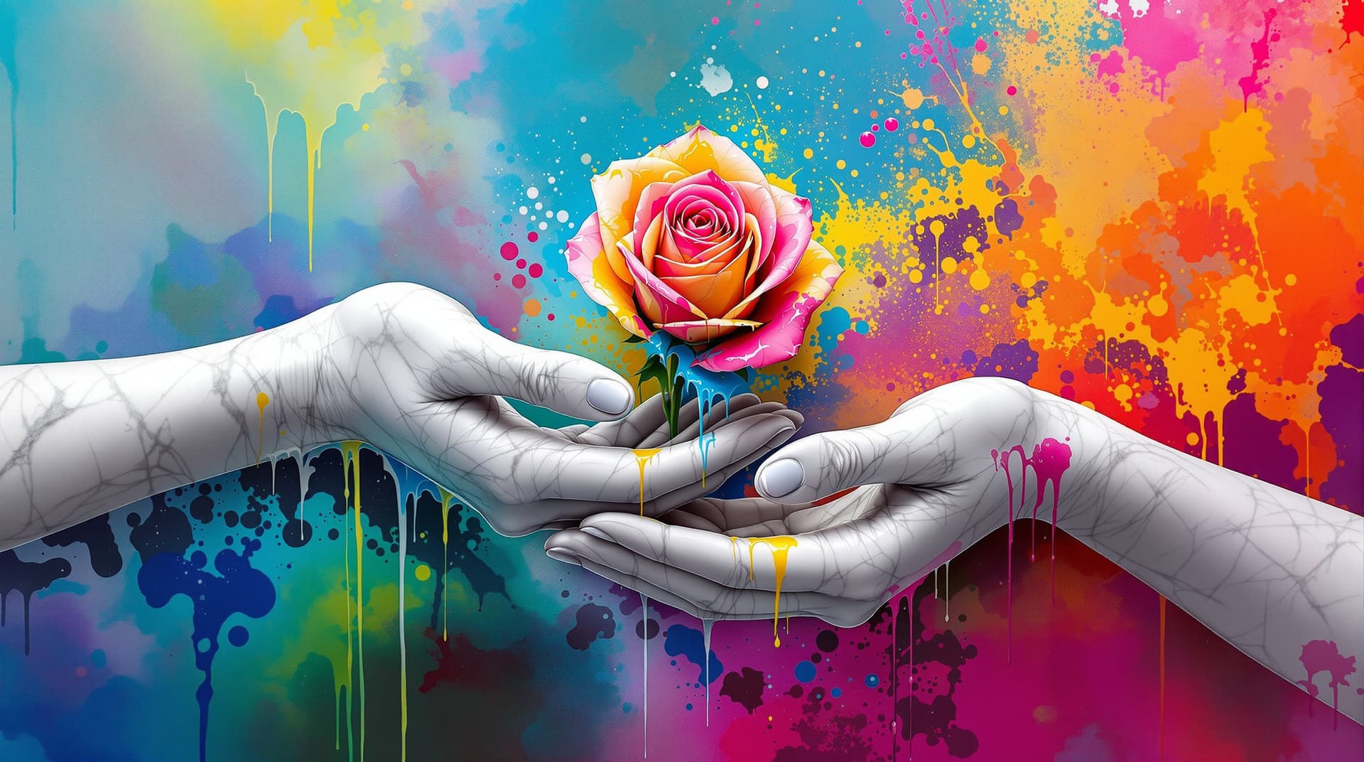 AI generated:  random pose,  two hands white marble skin, giving   a   rose ,the flower is made of dripping liquid...