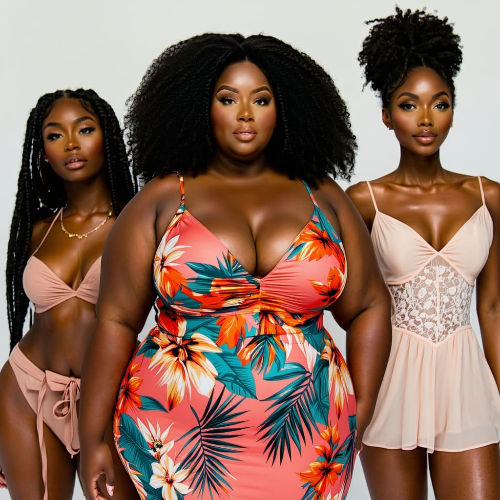 AI generated: Tall African American confident woman with macromastia, whose physical features, including her volup...