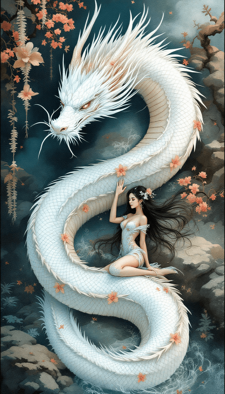 AI generated: Create a single whimsical illustration depicting the beautiful body of a white dragon, similar to a ...